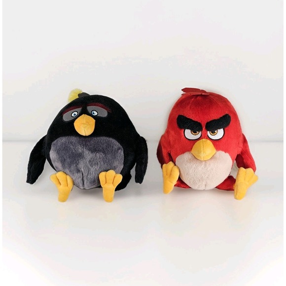Rovio Angry Birds Black Bomb & Red Bird Stuffed Plush 2016 Tested Working Sound - Picture 1 of 8